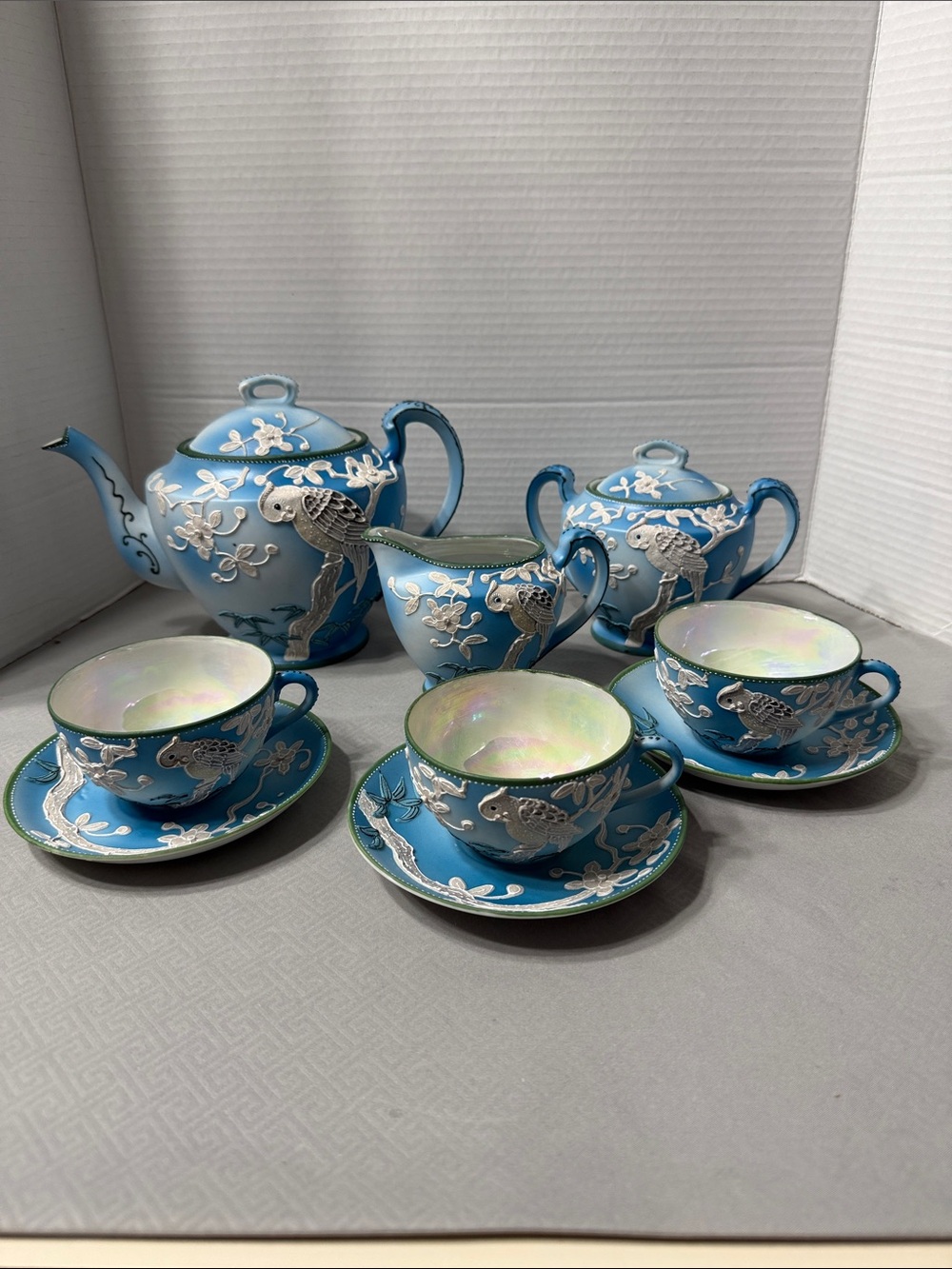 Vintage Japanese Porcelain Ceramic Tea Set Raised 3D Parrot Floral Blossom Motif